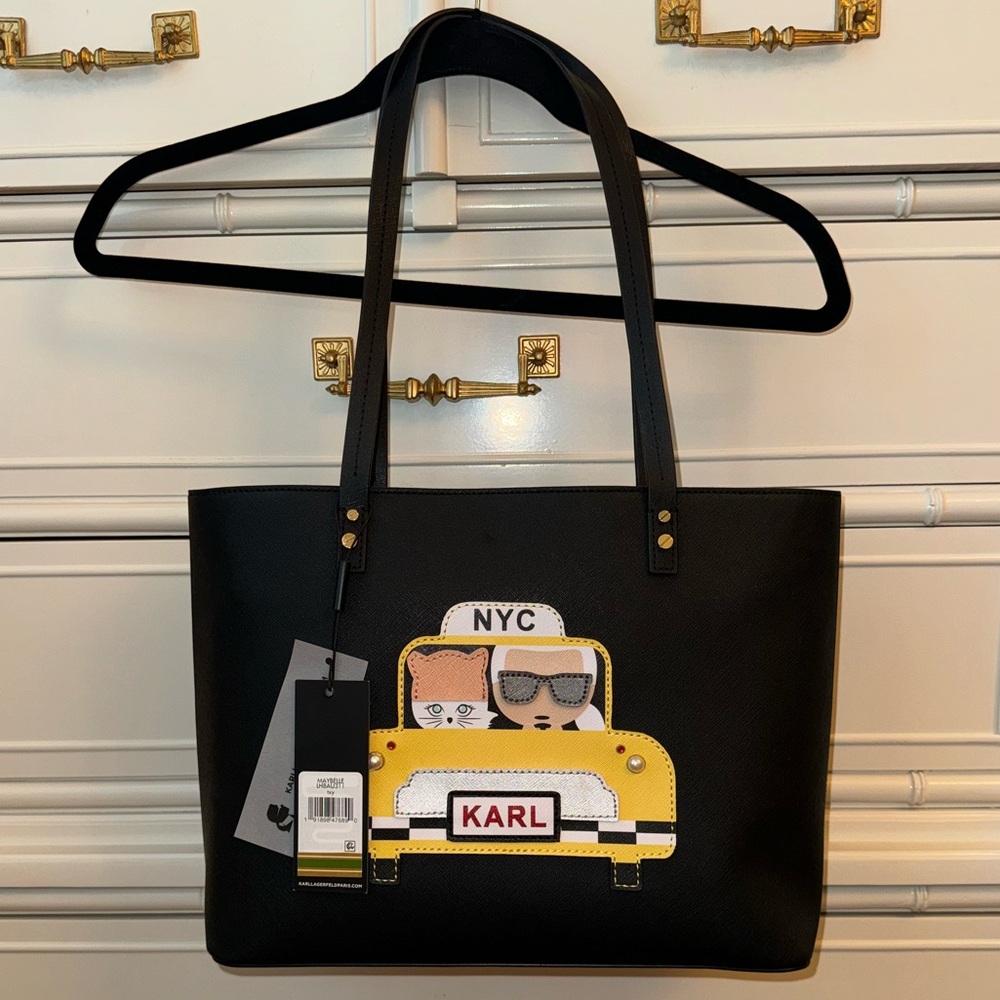 SOLD - Karl Lagerfeld Black Tote Bag Purse with Yellow Taxi Cat Design. NWT